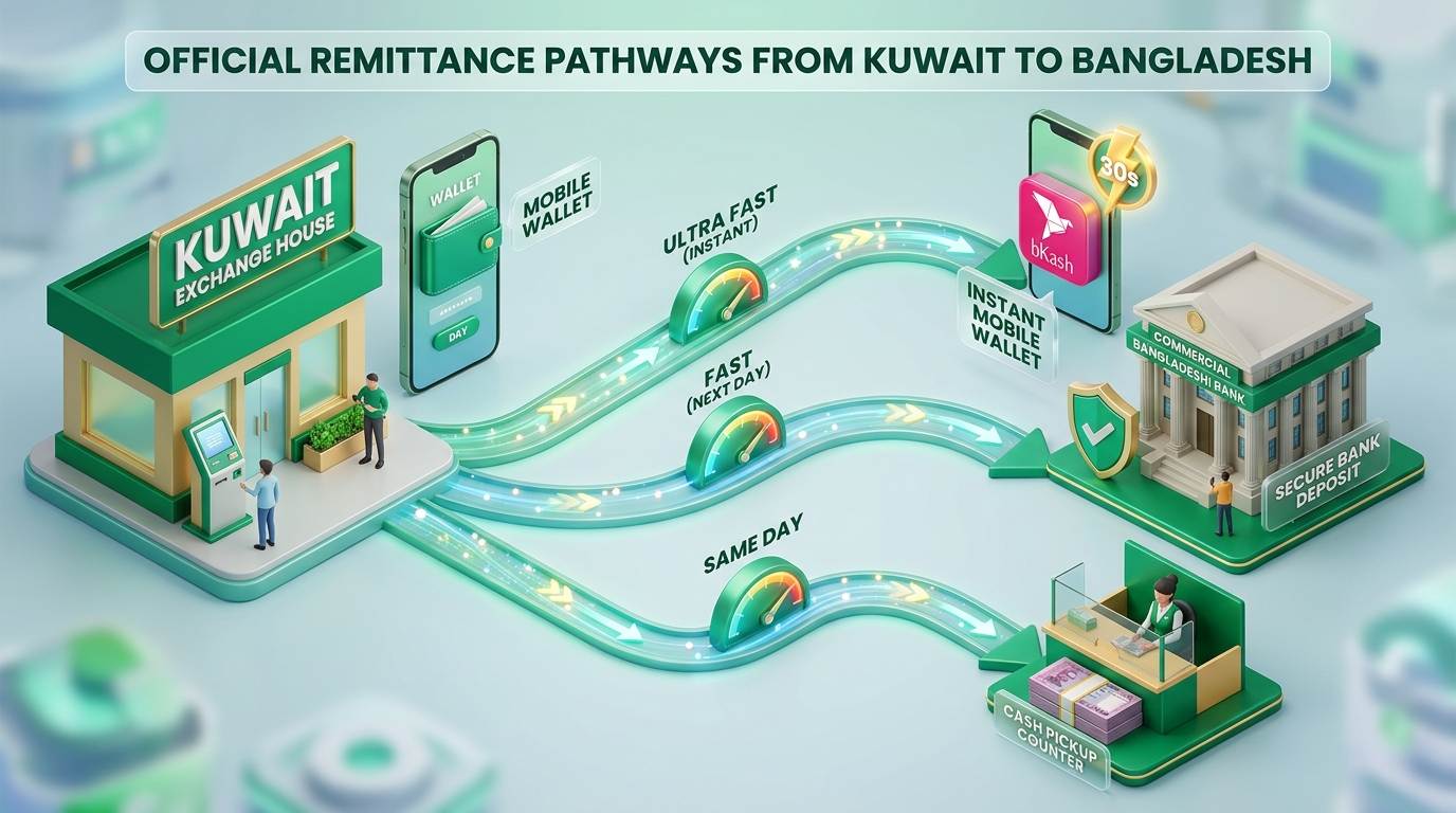 Official Remittance Pathways from Kuwait to Bangladesh - মোবাইল অ্যাপ, ব্যাংক ও ক্যাশ কাউন্টার চ্যানেল
