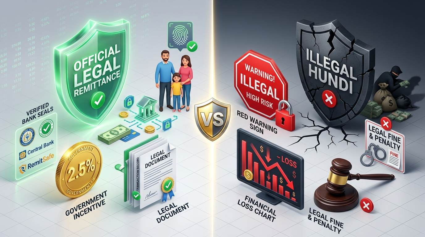 Official Legal Remittance vs Illegal Hundi 3D Comparison - বৈধ রেমিট্যান্স বনাম হুন্ডির নিরাপত্তা বিশ্লেষণ