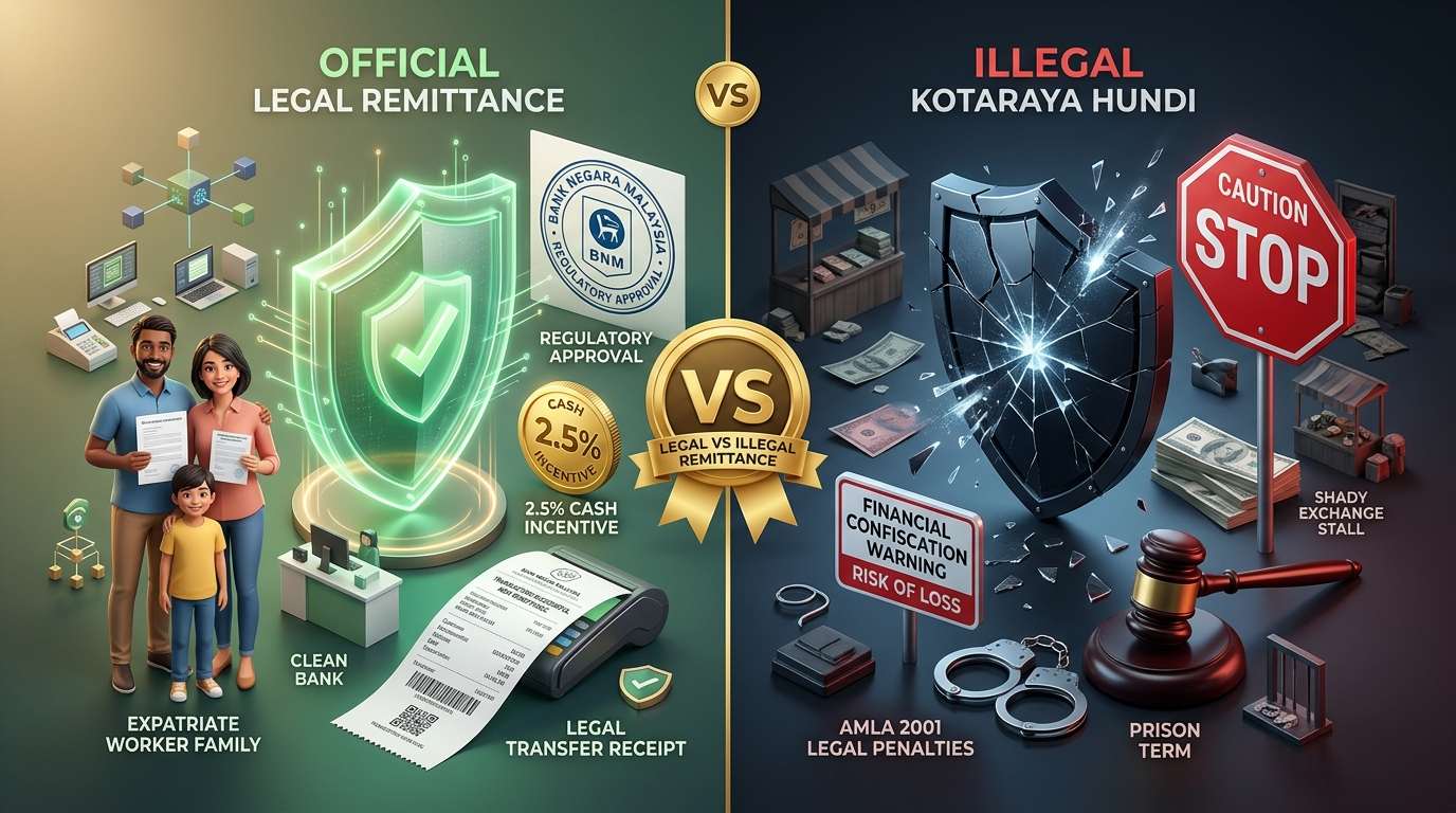 Official Legal Remittance vs Illegal Kotaraya Hundi 3D Comparison - বৈধ রেমিট্যান্স বনাম হুন্ডির নিরাপত্তা বিশ্লেষণ