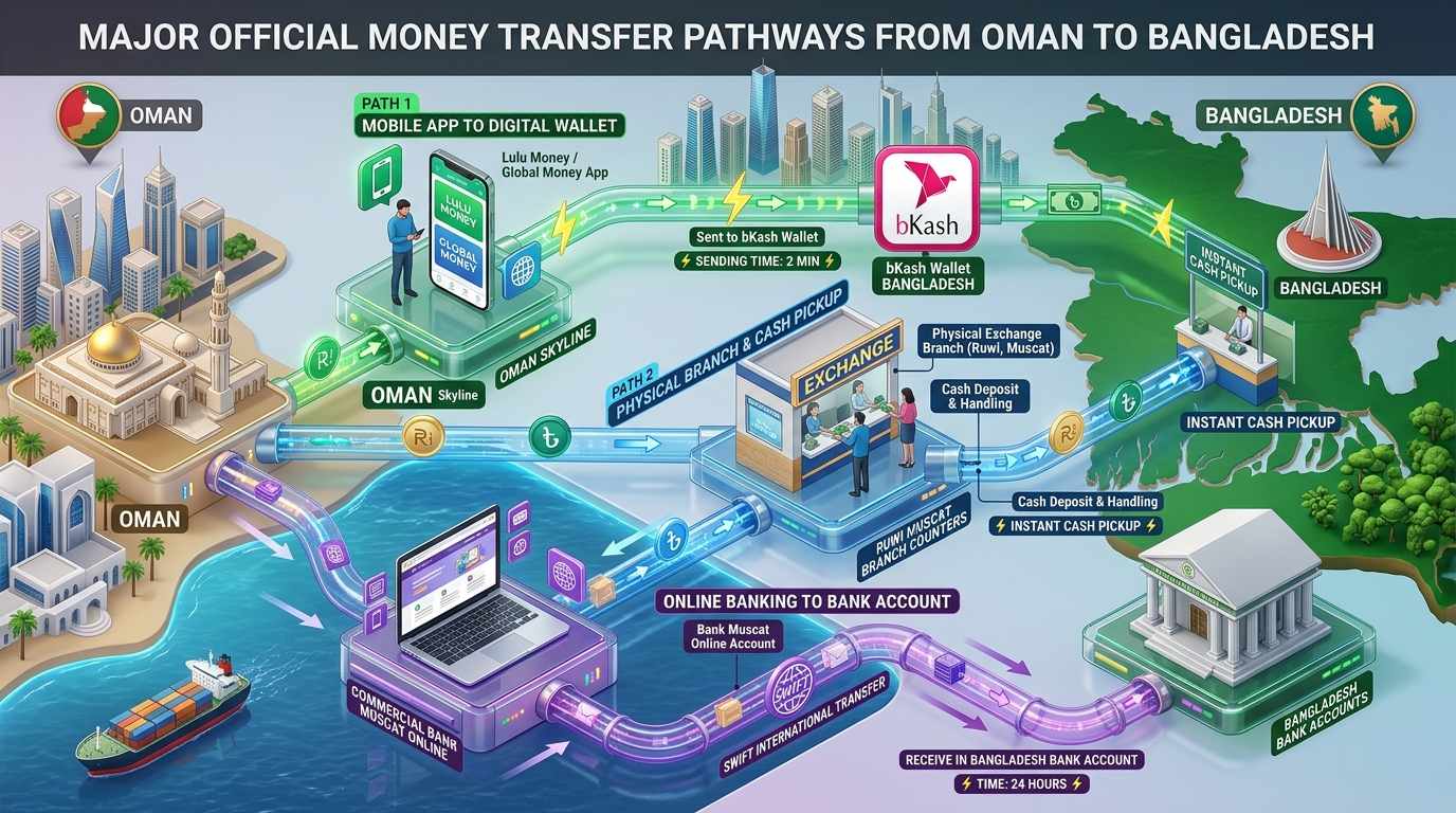 Official Remittance Pathways from Oman to Bangladesh 3D Chart Three Official Remittance Pathways from Oman to Bangladesh - মোবাইল অ্যাপ, ব্যাংক ও ক্যাশ কাউন্টার চ্যানেল
