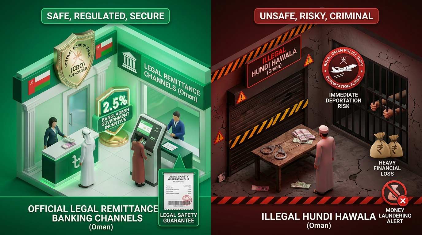Official Legal Remittance vs Illegal Oman Hundi and Hawala 3D Chart Official Legal Remittance vs Illegal Oman Hundi and Hawala - বৈধ রেমিট্যান্স বনাম হুন্ডির নিরাপত্তা বিশ্লেষণ