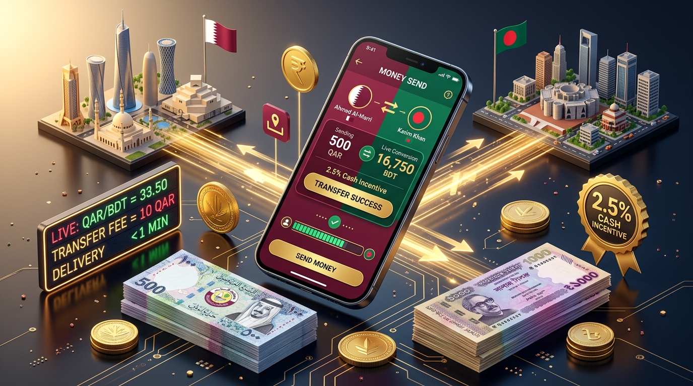Qatar to Bangladesh Remittance Guide 2026 - Featured 3D Infographic How to send money from Qatar to Bangladesh - কাতার থেকে বাংলাদেশে টাকা পাঠানোর নিয়ম