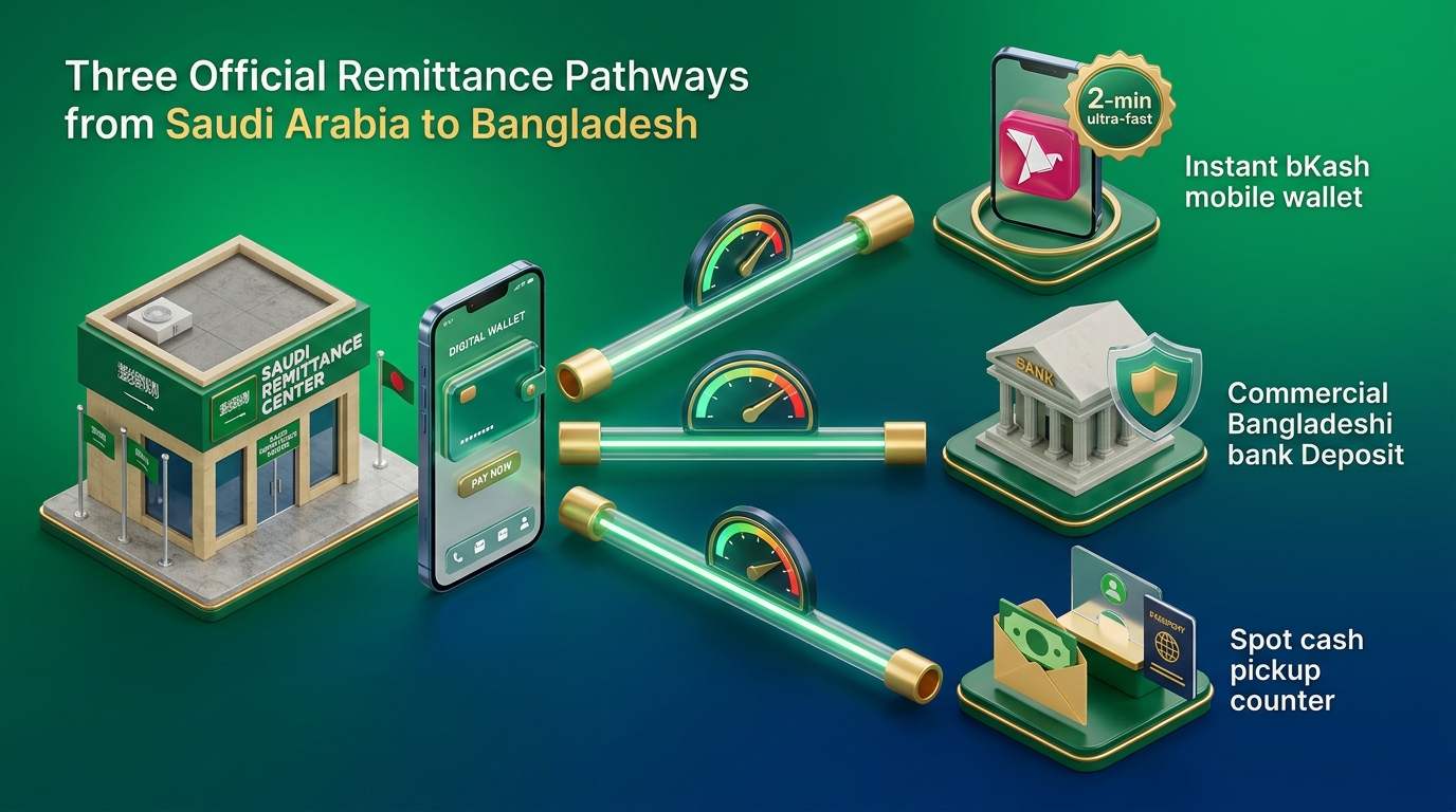 Official Remittance Pathways from Saudi Arabia to Bangladesh 3D Chart Three Official Remittance Pathways from Saudi Arabia to Bangladesh - মোবাইল অ্যাপ, ব্যাংক ও ক্যাশ কাউন্টার চ্যানেল