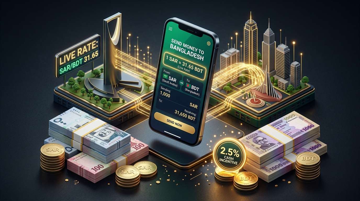 Saudi Arabia to Bangladesh Remittance Guide 2026 - Featured 3D Infographic How to send money from Saudi Arabia to Bangladesh - সৌদি আরব থেকে বাংলাদেশে টাকা পাঠানোর নিয়ম