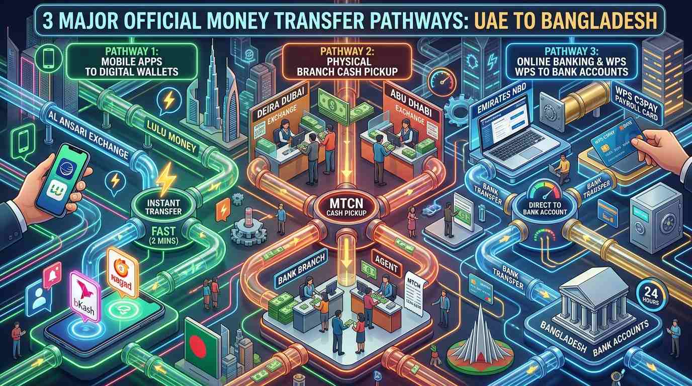 Three Official Remittance Pathways from UAE to Bangladesh - মোবাইল অ্যাপ, ব্যাংক ও ক্যাশ কাউন্টার চ্যানেল